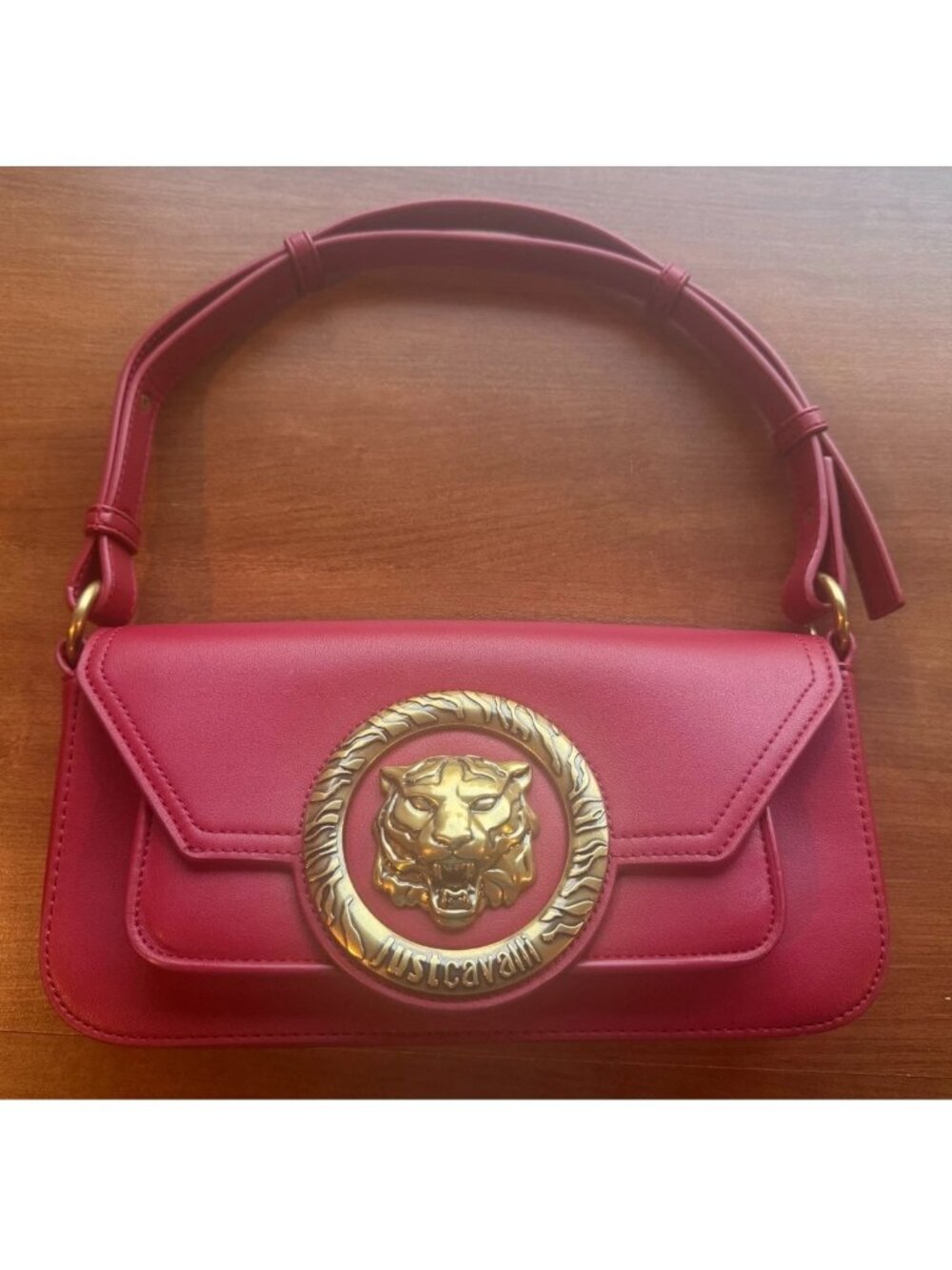 Just Cavalli Red Leather Shoulder Bag Gold Tiger Head Medallion Crossbody Strap